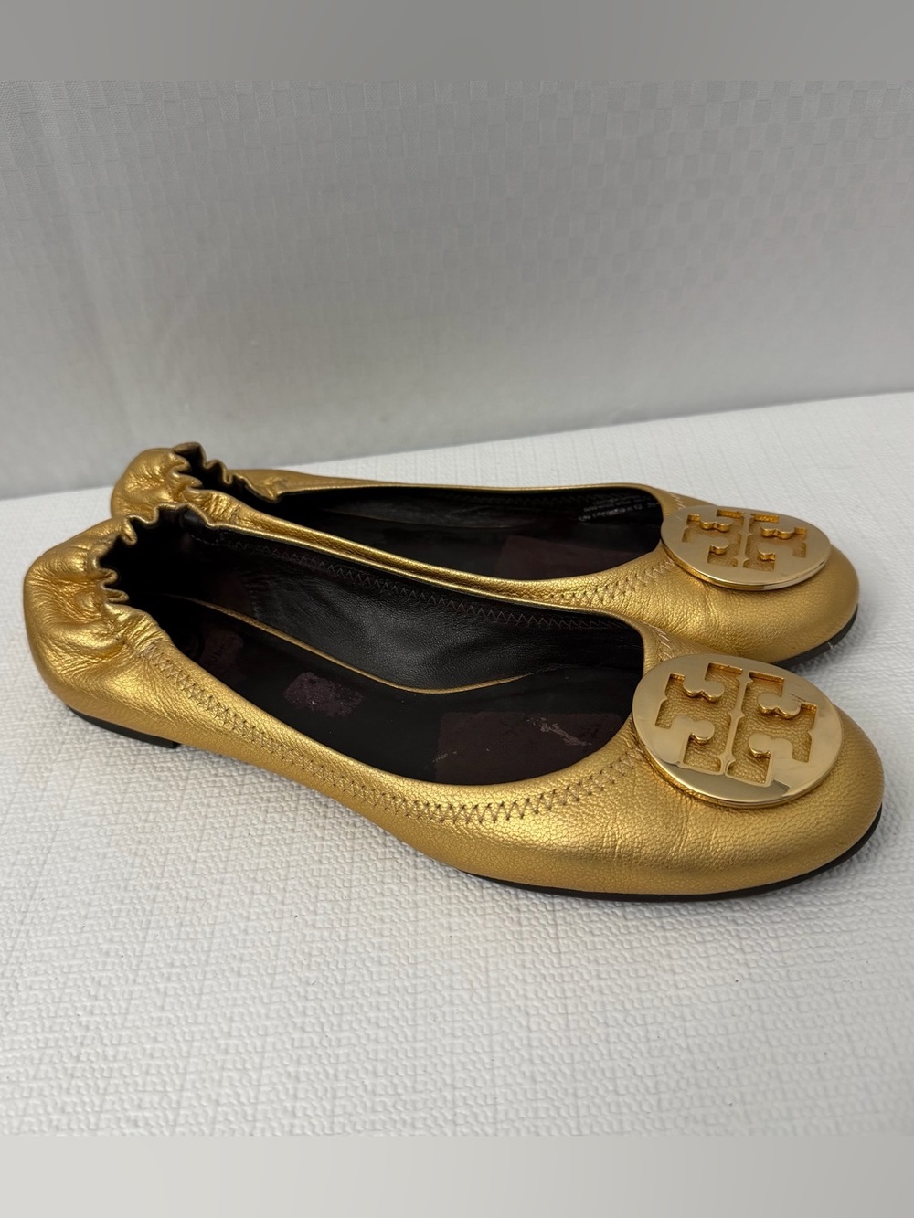 Tory Burch Reva Ballet Flats Women’s 10 Gold Metallic Leather Logo Shoes